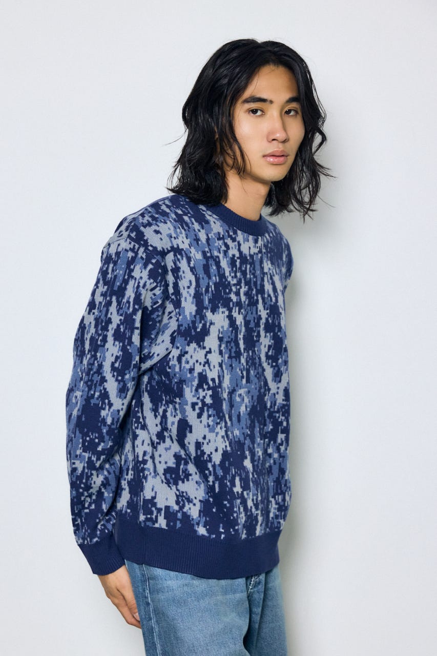 総柄ニットトップス 柄BLU M