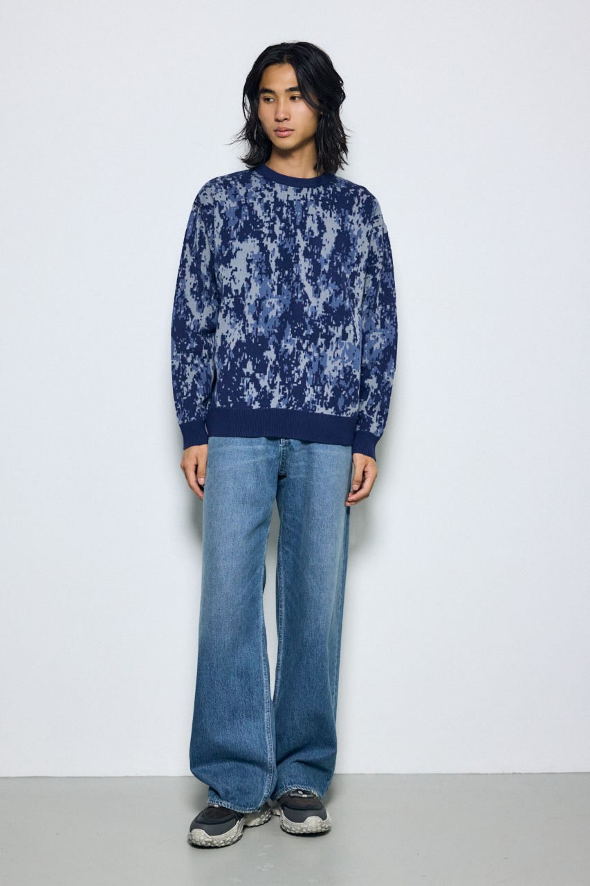 総柄ニットトップス 柄BLU M