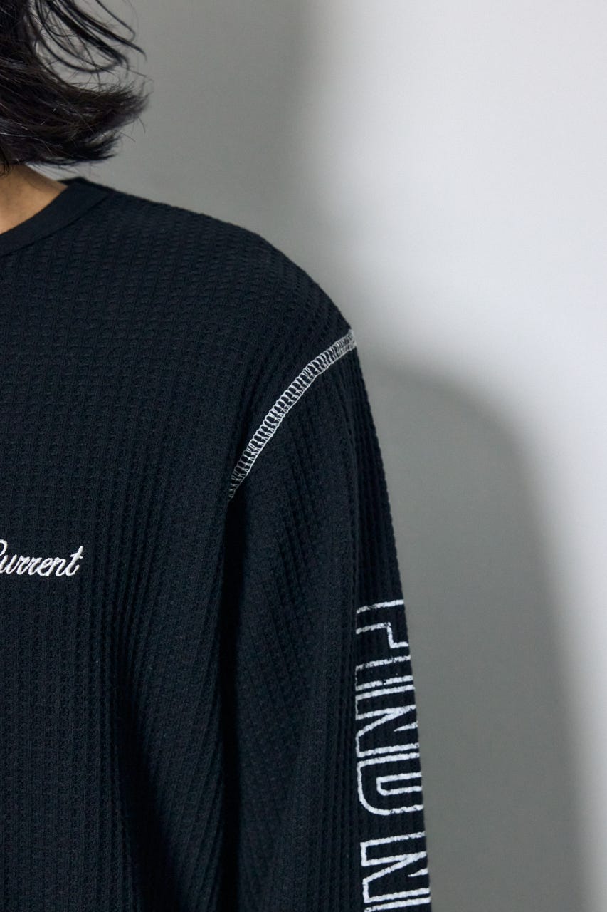 ワッフル長袖グラフィックトップス BLK M