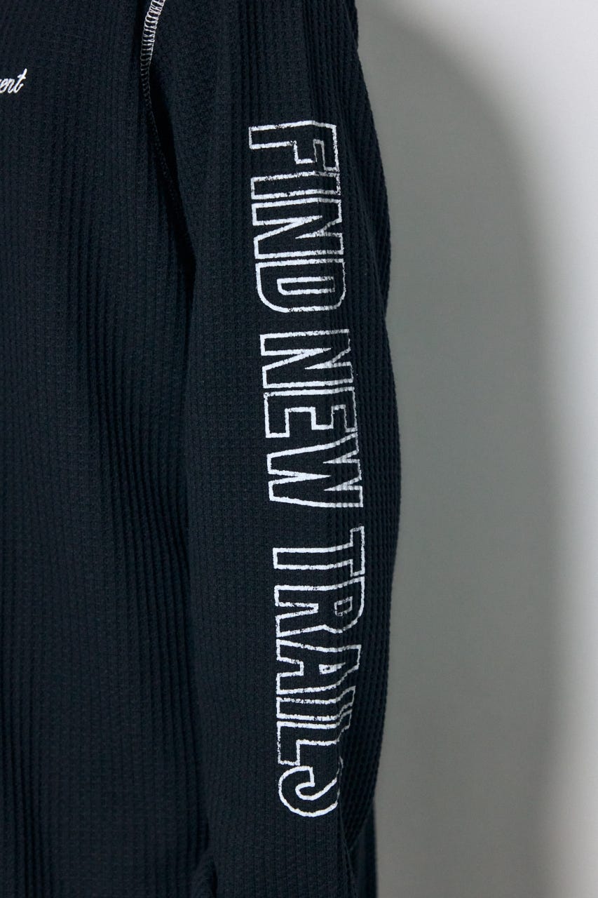ワッフル長袖グラフィックトップス BLK M