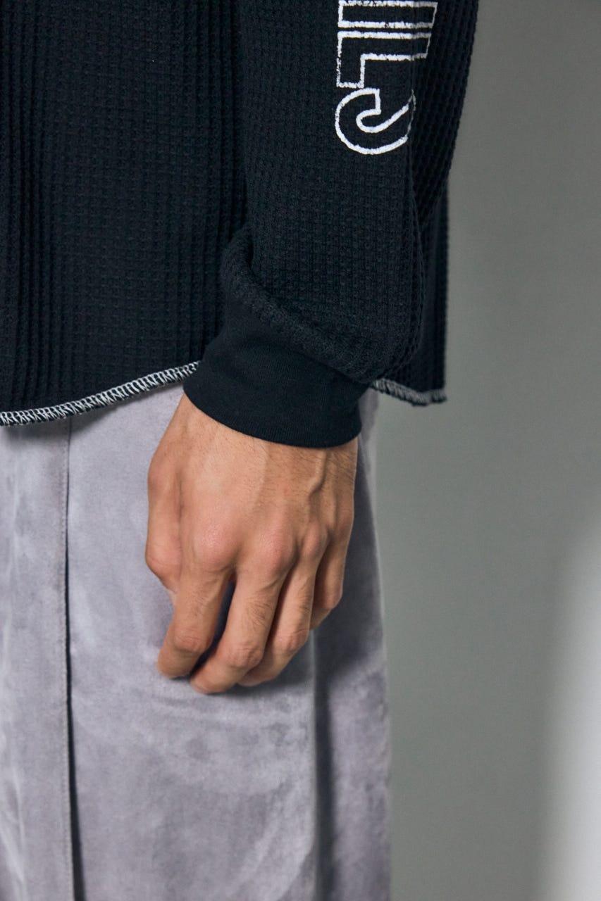 ワッフル長袖グラフィックトップス BLK M