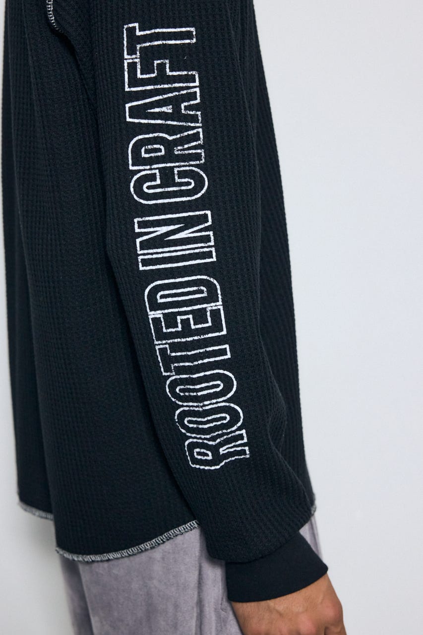 ワッフル長袖グラフィックトップス BLK M