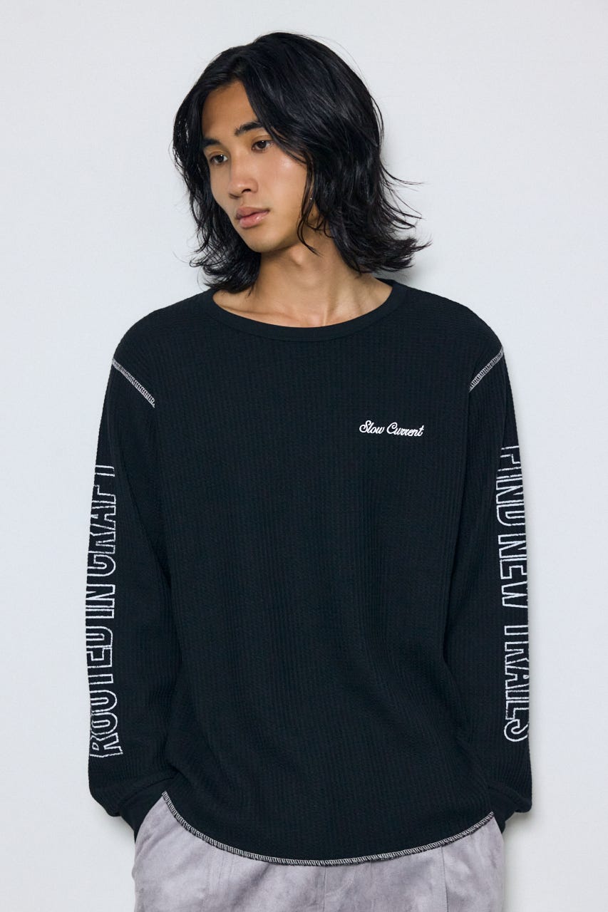 ワッフル長袖グラフィックトップス BLK M