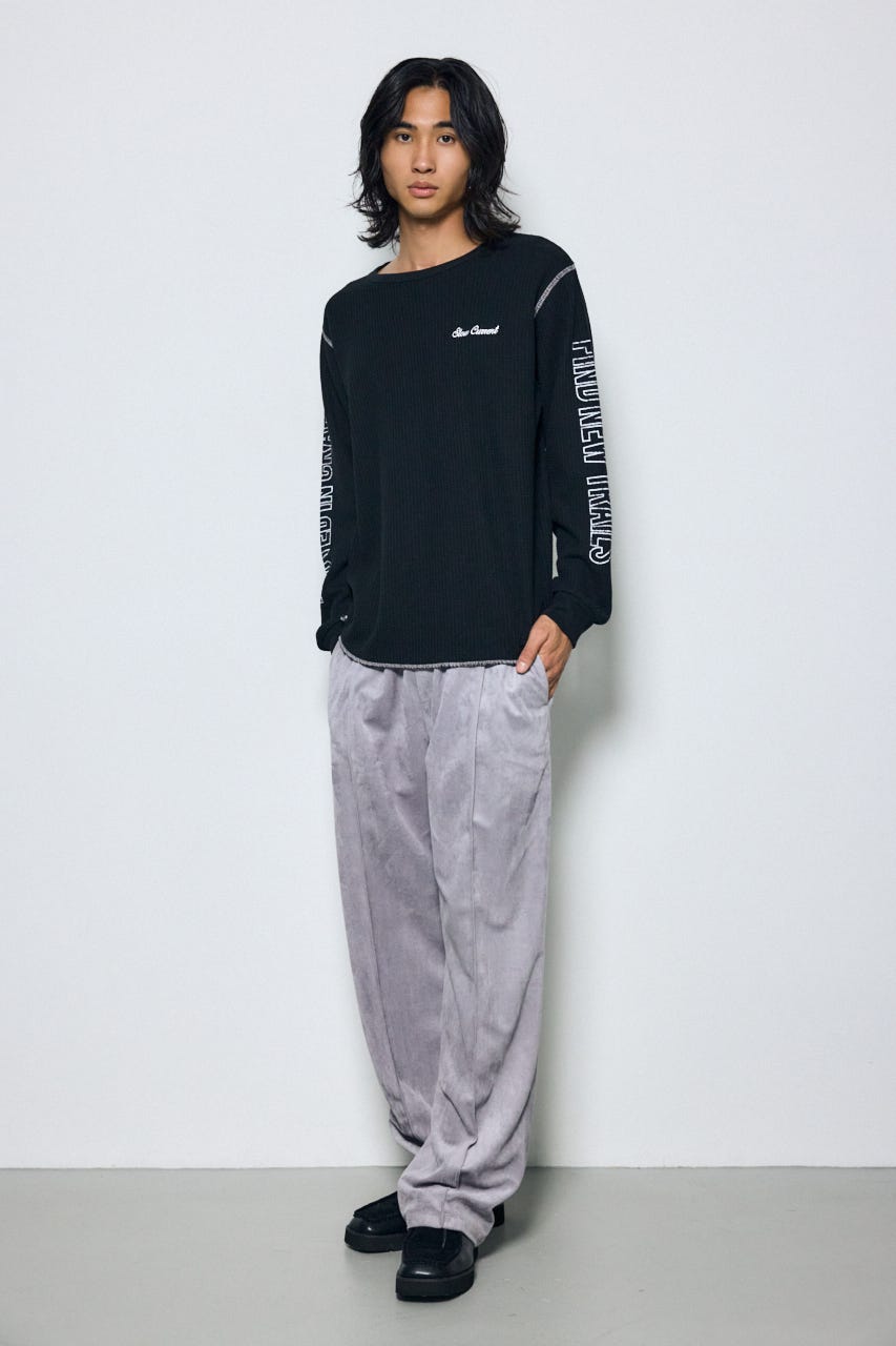 ワッフル長袖グラフィックトップス BLK M