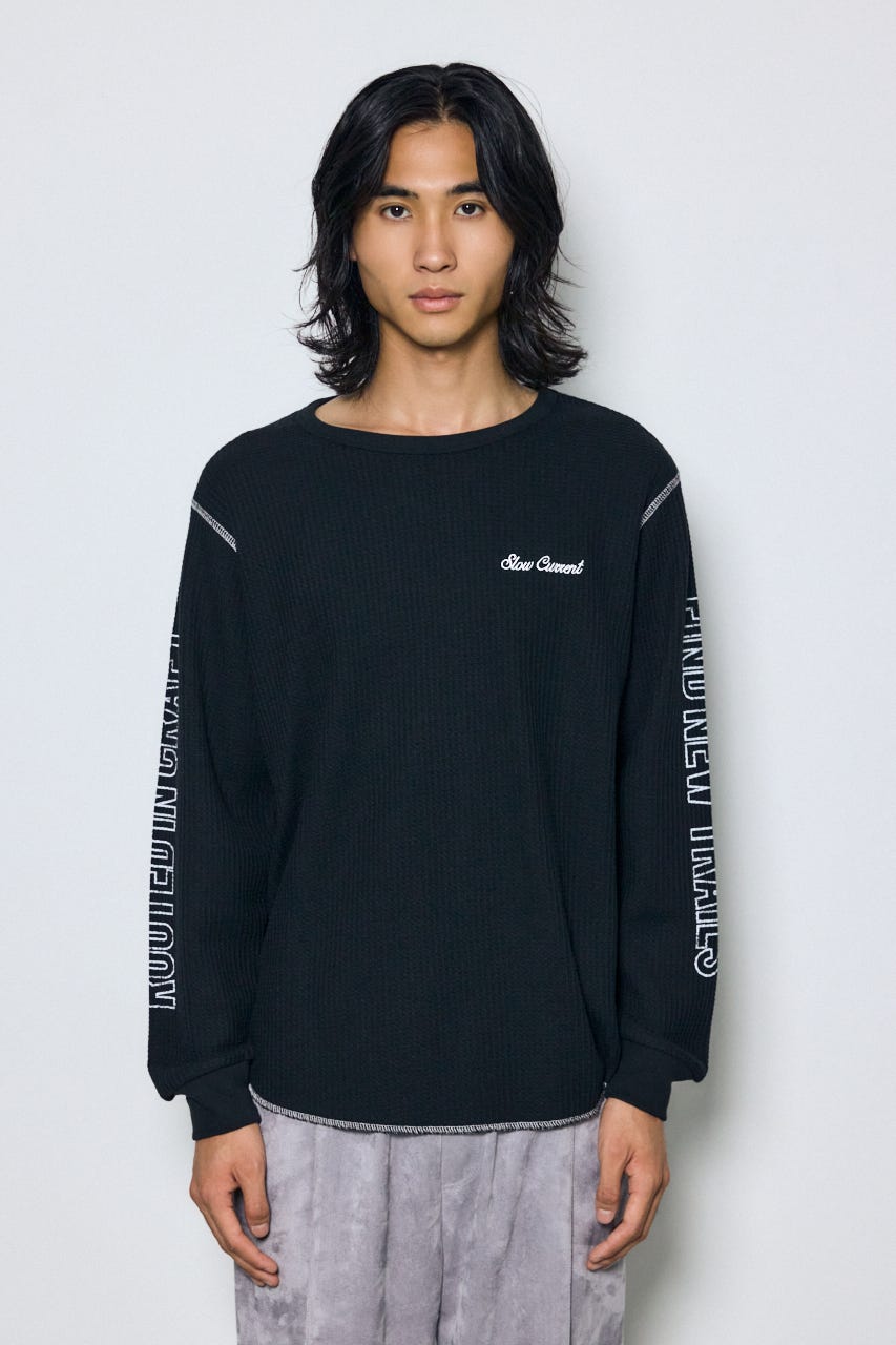 ワッフル長袖グラフィックトップス BLK M