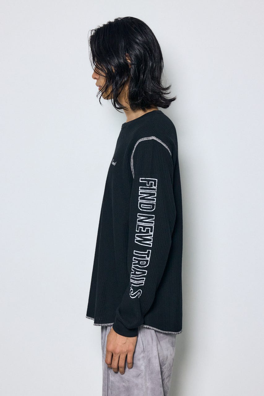 ワッフル長袖グラフィックトップス BLK M