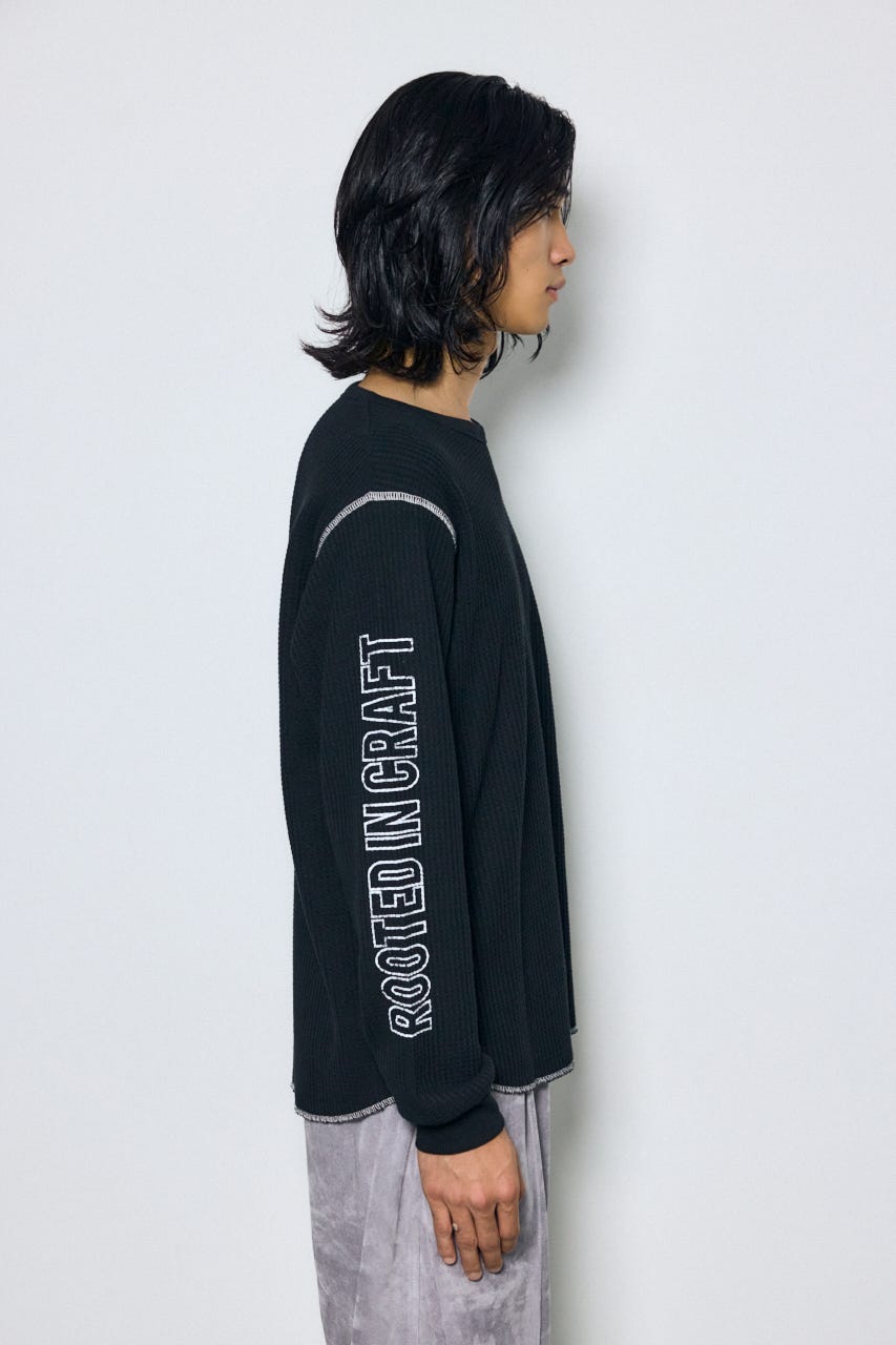 ワッフル長袖グラフィックトップス BLK M