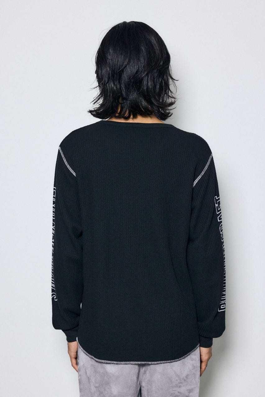 ワッフル長袖グラフィックトップス BLK M