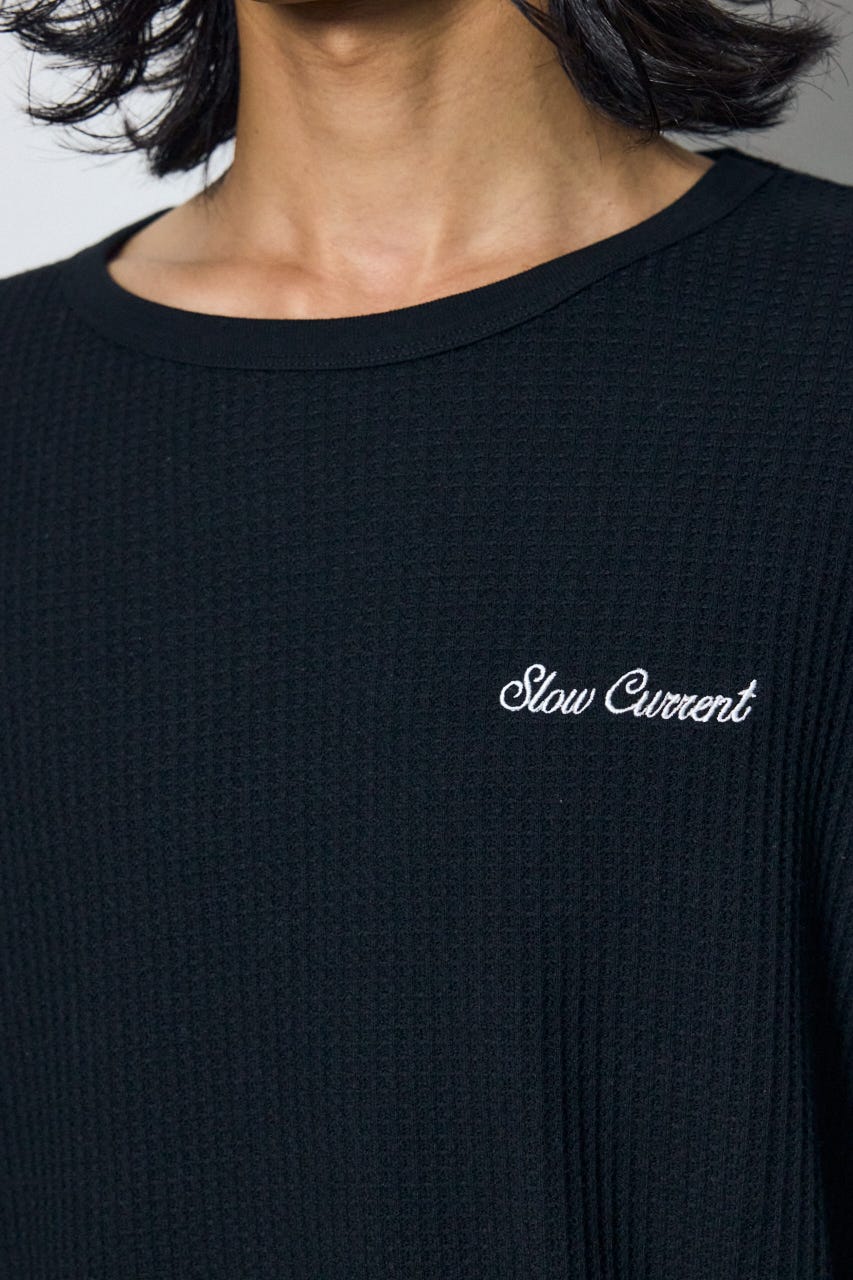 ワッフル長袖グラフィックトップス BLK M