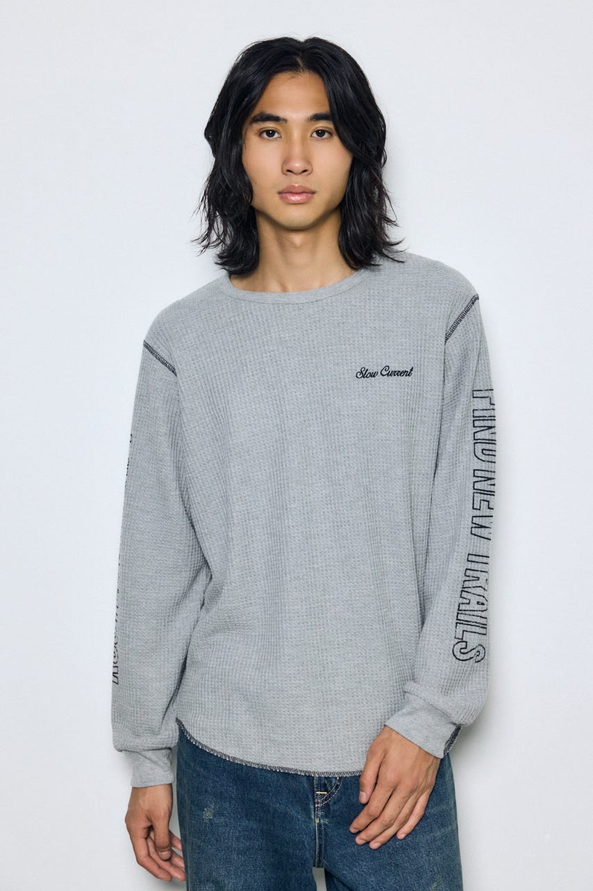 ワッフル長袖グラフィックトップス C.GRY M