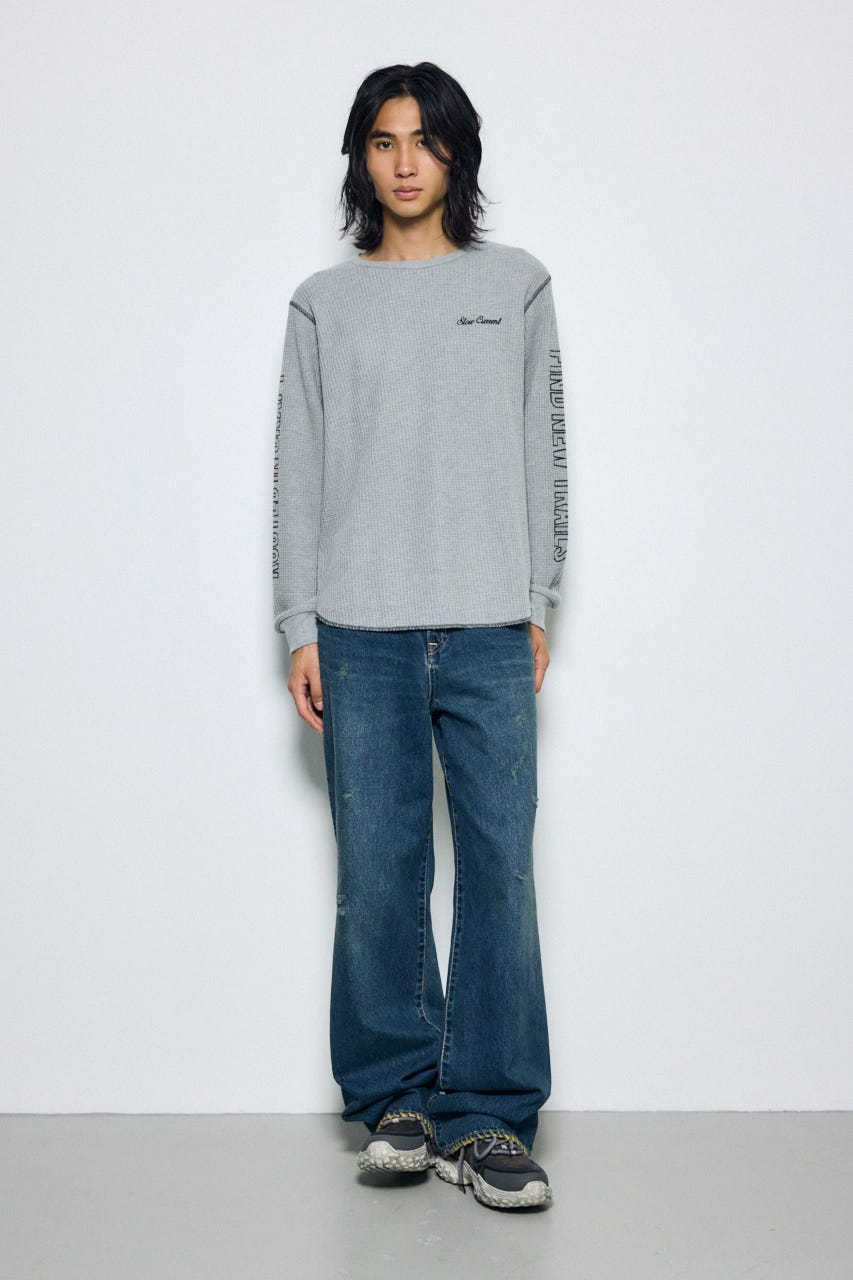 ワッフル長袖グラフィックトップス C.GRY M