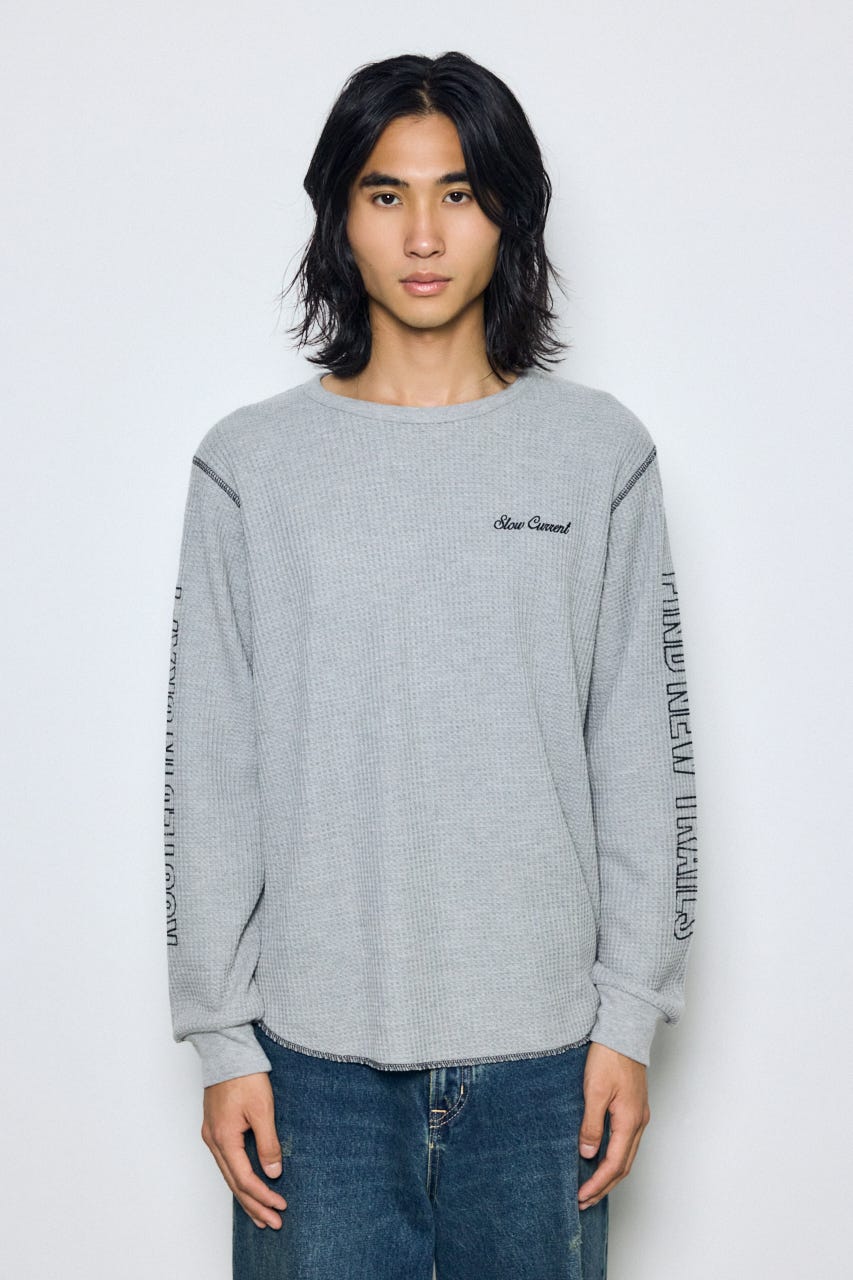 ワッフル長袖グラフィックトップス C.GRY M