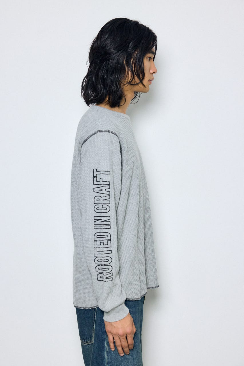ワッフル長袖グラフィックトップス C.GRY M