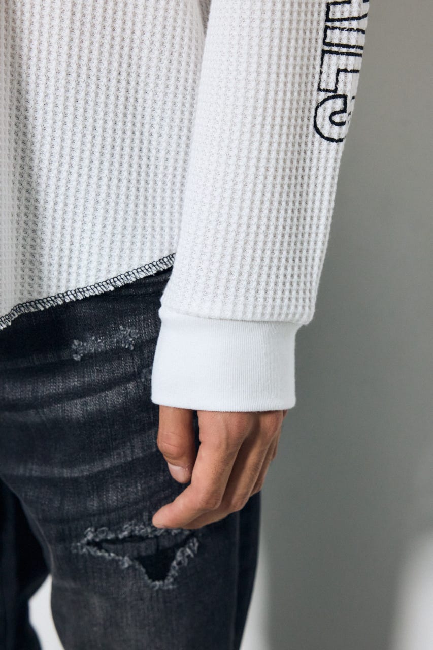 ワッフル長袖グラフィックトップス WHT M
