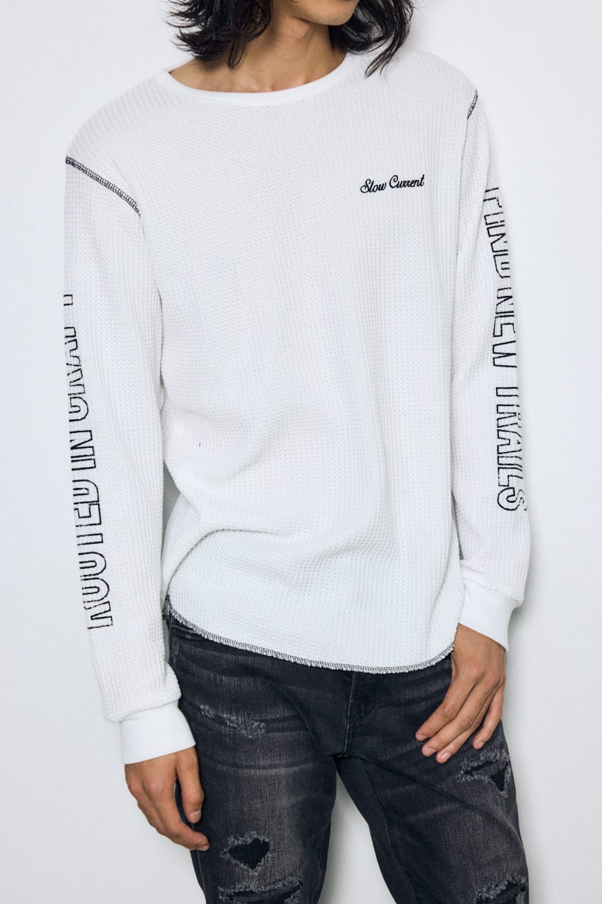 ワッフル長袖グラフィックトップス WHT M