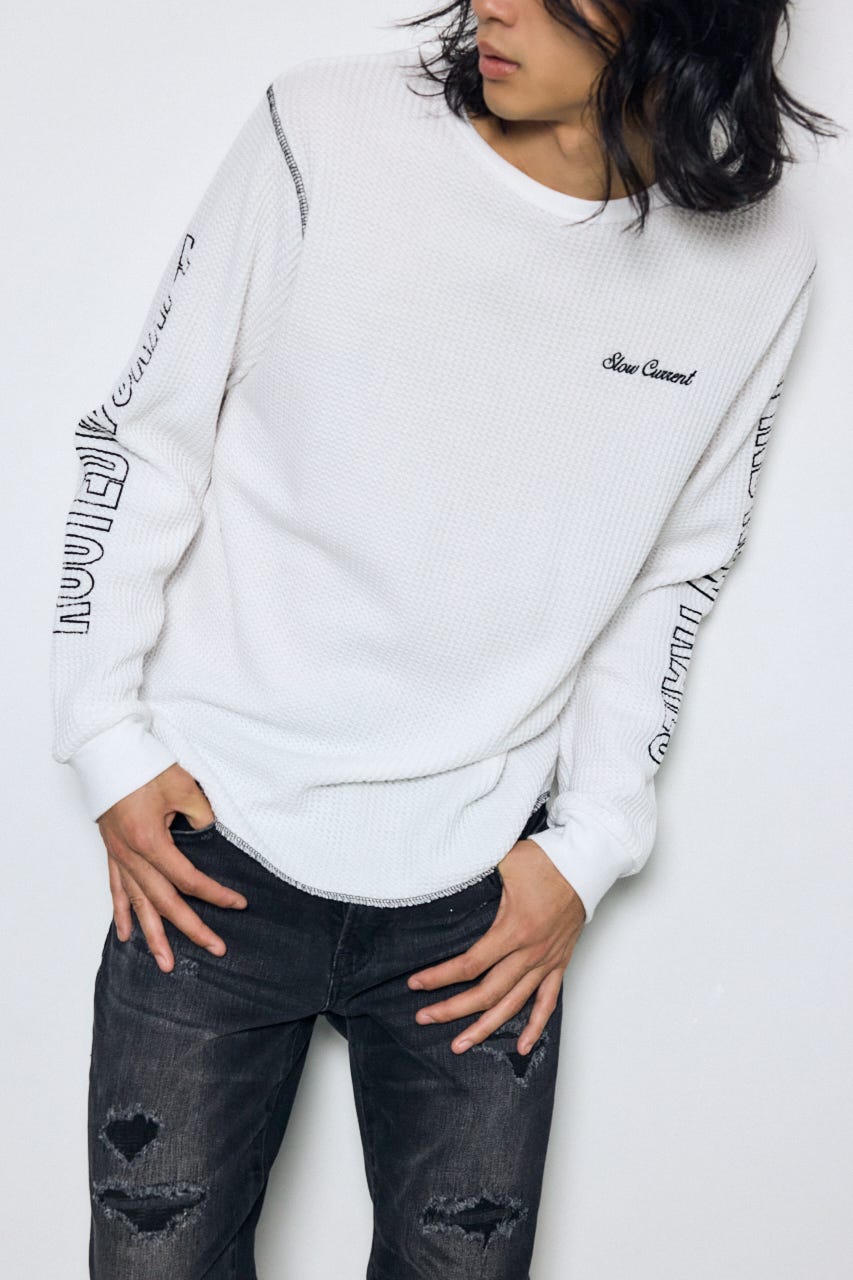 ワッフル長袖グラフィックトップス WHT M