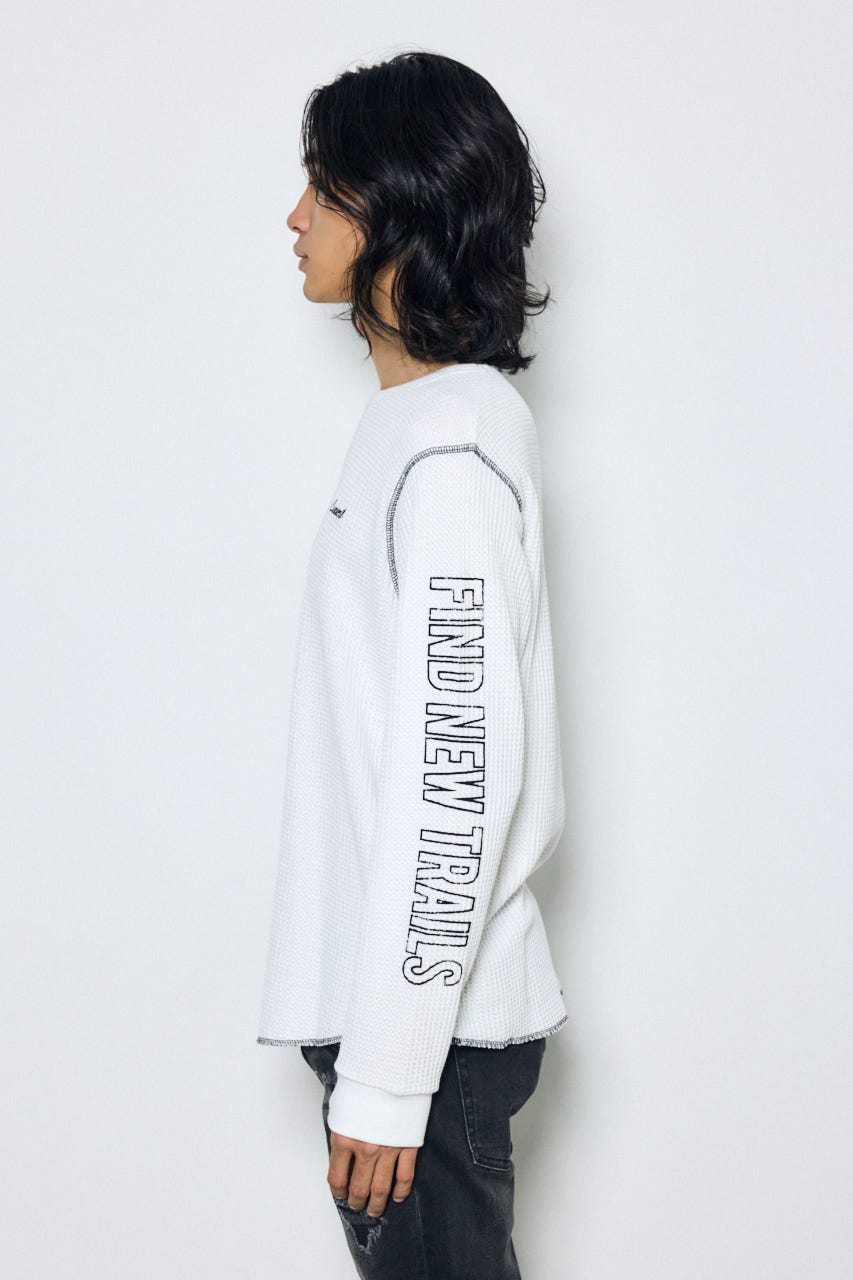 ワッフル長袖グラフィックトップス WHT M