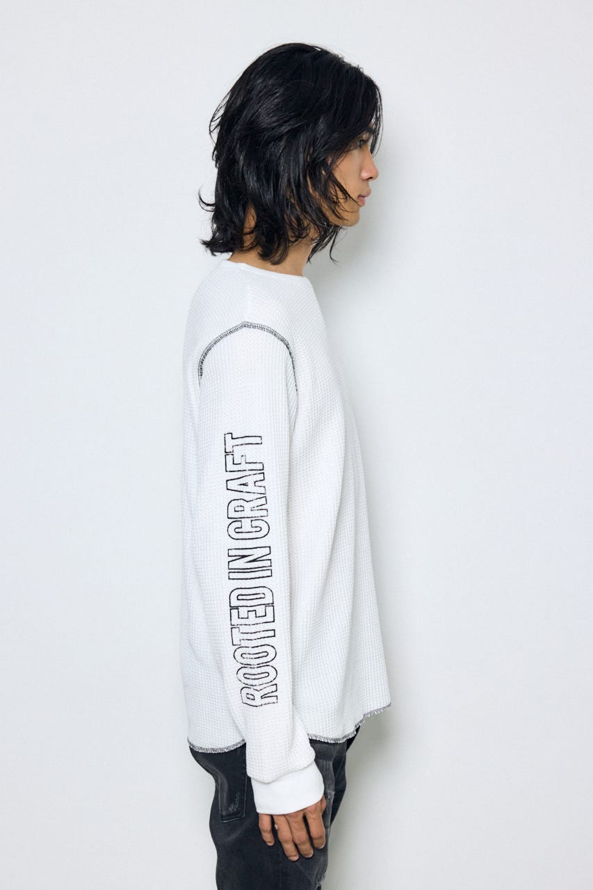 ワッフル長袖グラフィックトップス WHT M