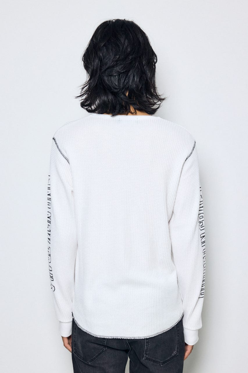 ワッフル長袖グラフィックトップス WHT M