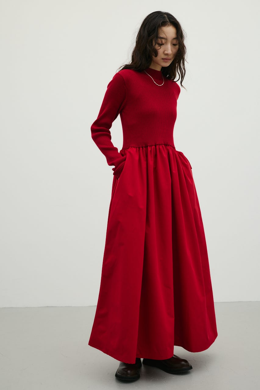ハイネックコンビネーションワンピース RED S