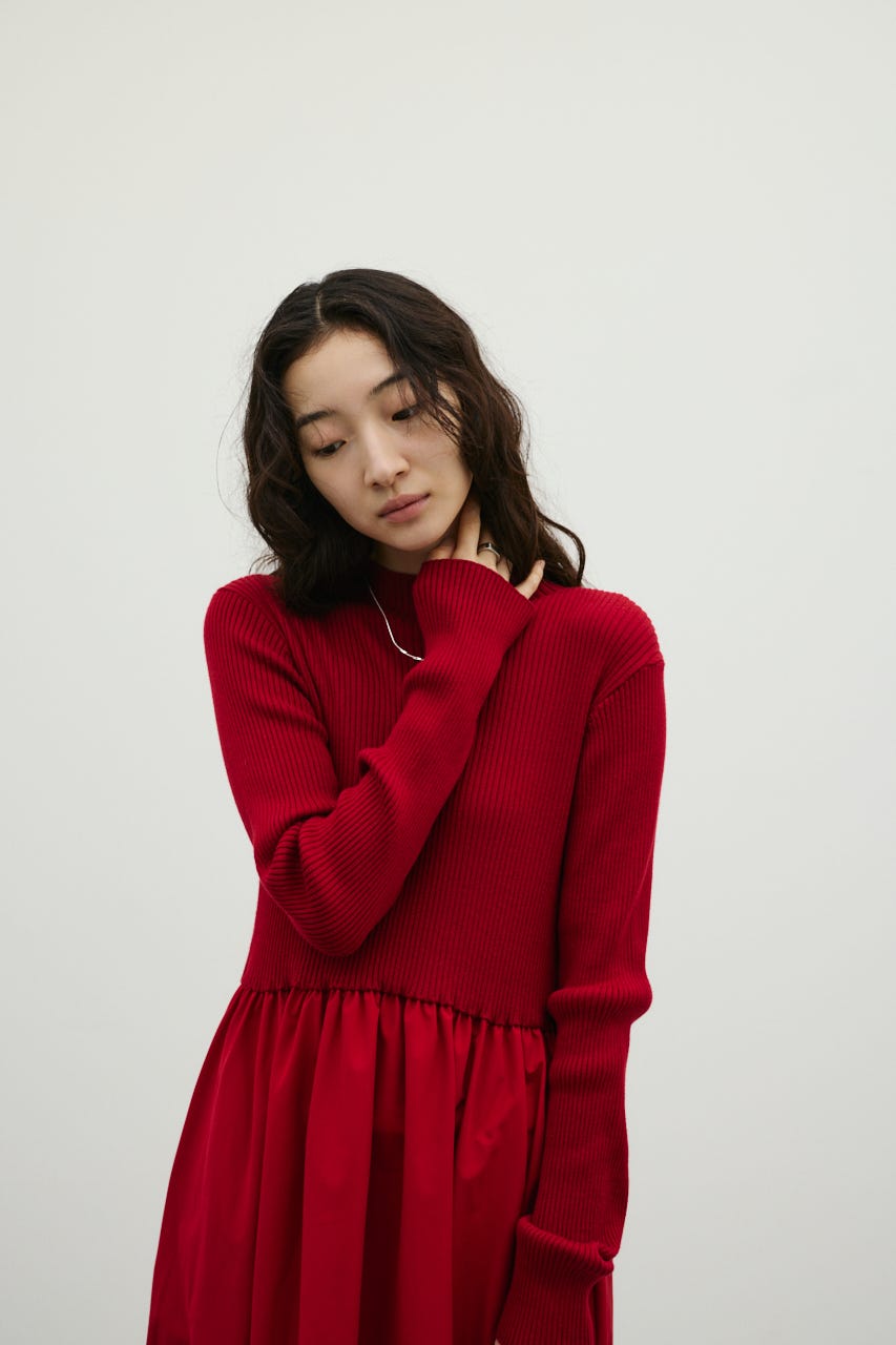 ハイネックコンビネーションワンピース RED S