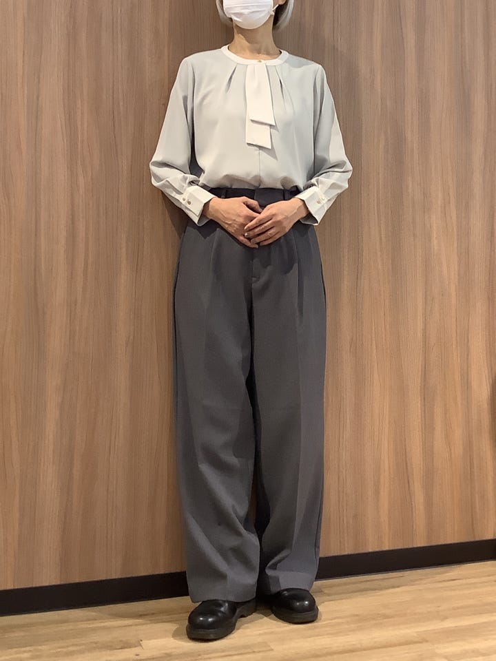 ストレッチ ジョーゼット 配色ボウタイブラウス 長袖 レディース(M