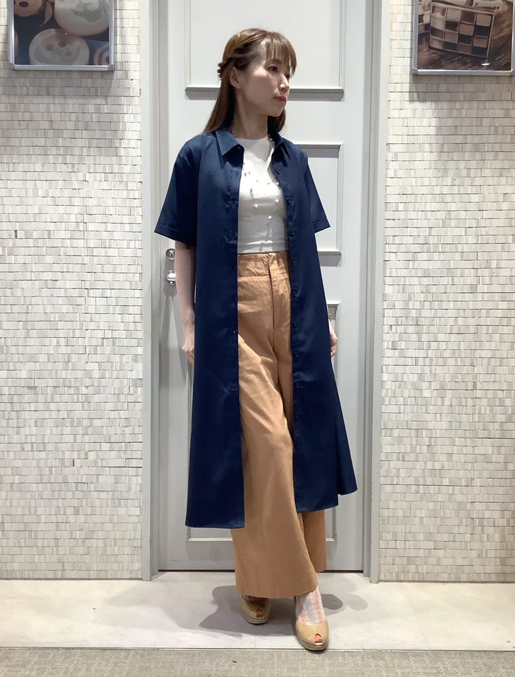 シャツワンピース 麻調合繊素材 五分袖 レディース(M ネイビー): 東京