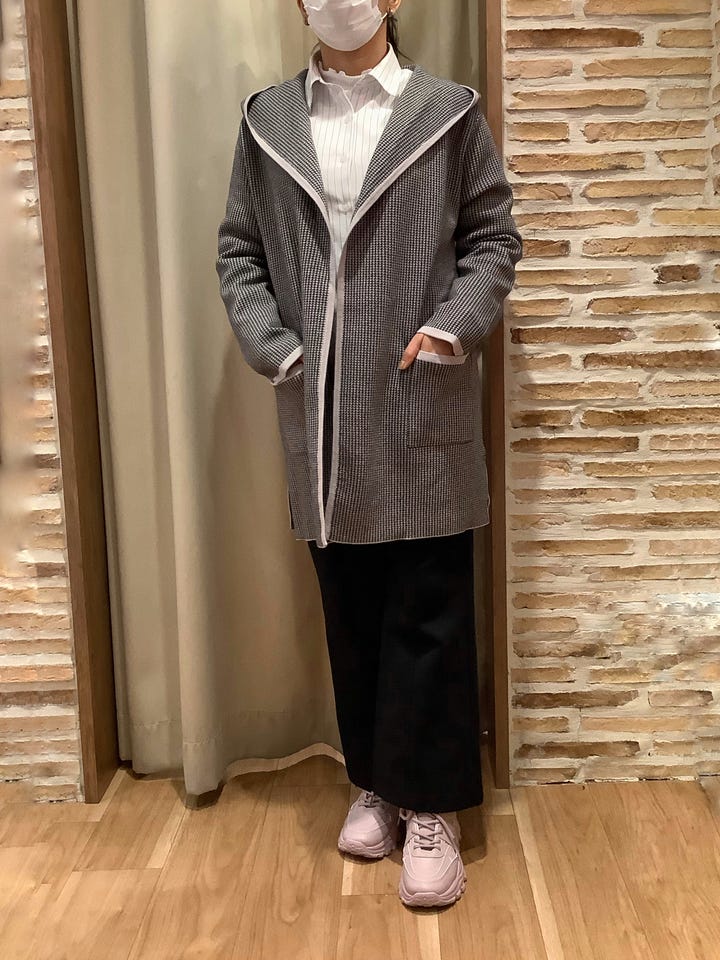 アウター 千鳥格子柄ジャカード フード付き コーディガン レディース(M