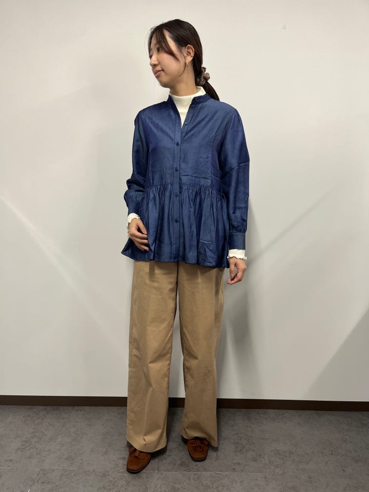 デニム風 ペプラム シャツブラウス 長袖 レディース(M ブルー): 東京