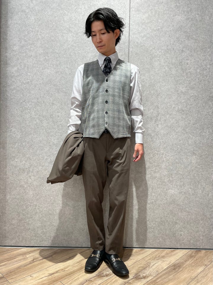 ニット 前身カットソー チェック柄 ジレ メンズ(M グレー): 東京シャツ