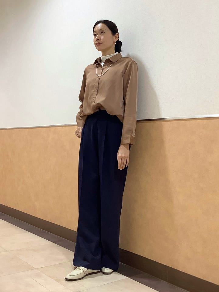 サテン ワイドシルエット レギュラー衿 シャツ 長袖 レディース(M
