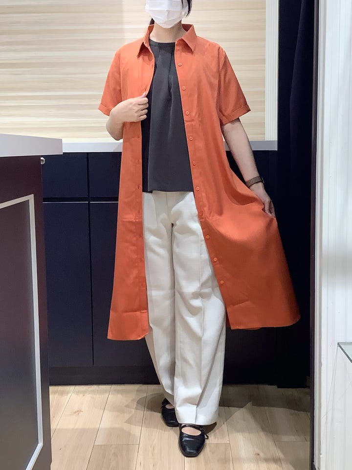 シャツワンピース 麻調合繊素材 五分袖 レディース(M オレンジ): 東京