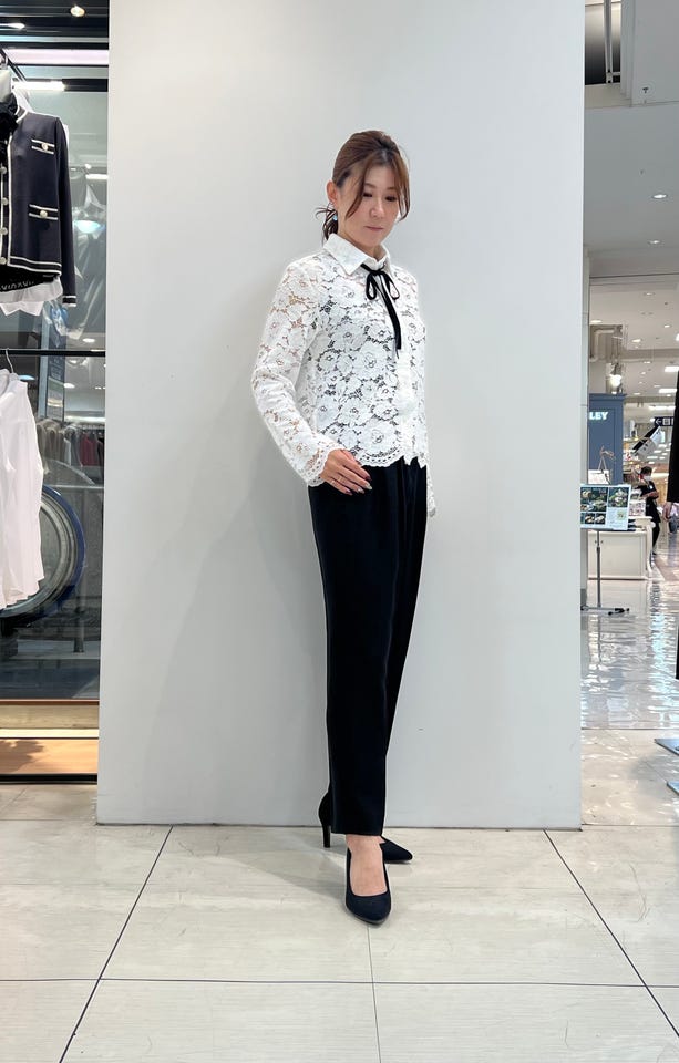 NARACAMICIE】ストレッチブロードフリル衿長袖シャツ(0(S)7号 ホワイト