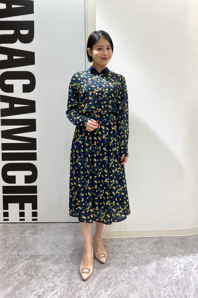 NARACAMICIE】チェリー柄配色シャツ衿長袖ブラウス(1(M)9号 ネイビー