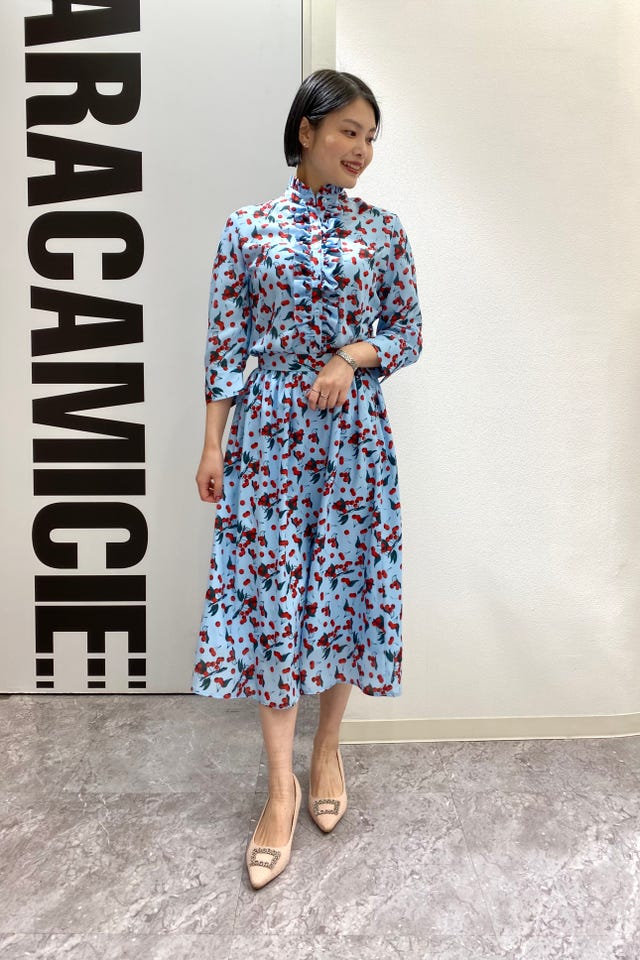 NARACAMICIE】スカーフ風プリントスタンドカラーブラウス(3(2L)13号