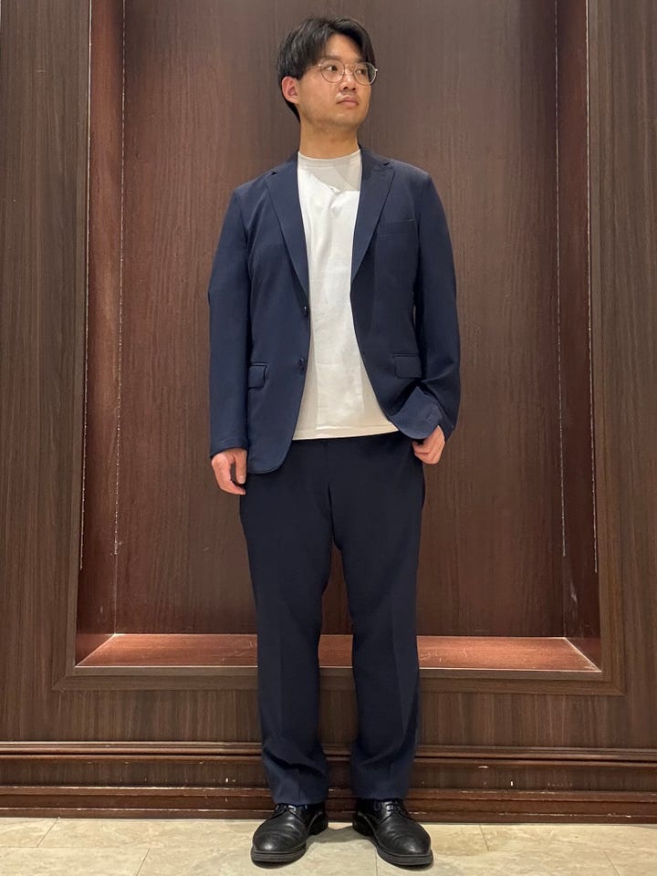 リネン調 スリムフィット ノータックパンツ 紺(セットアップ可能)(S 75