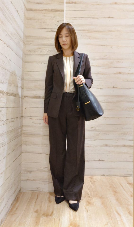 ウォッシャブル クリアツイル タックワイドパンツ こげ茶(セットアップ