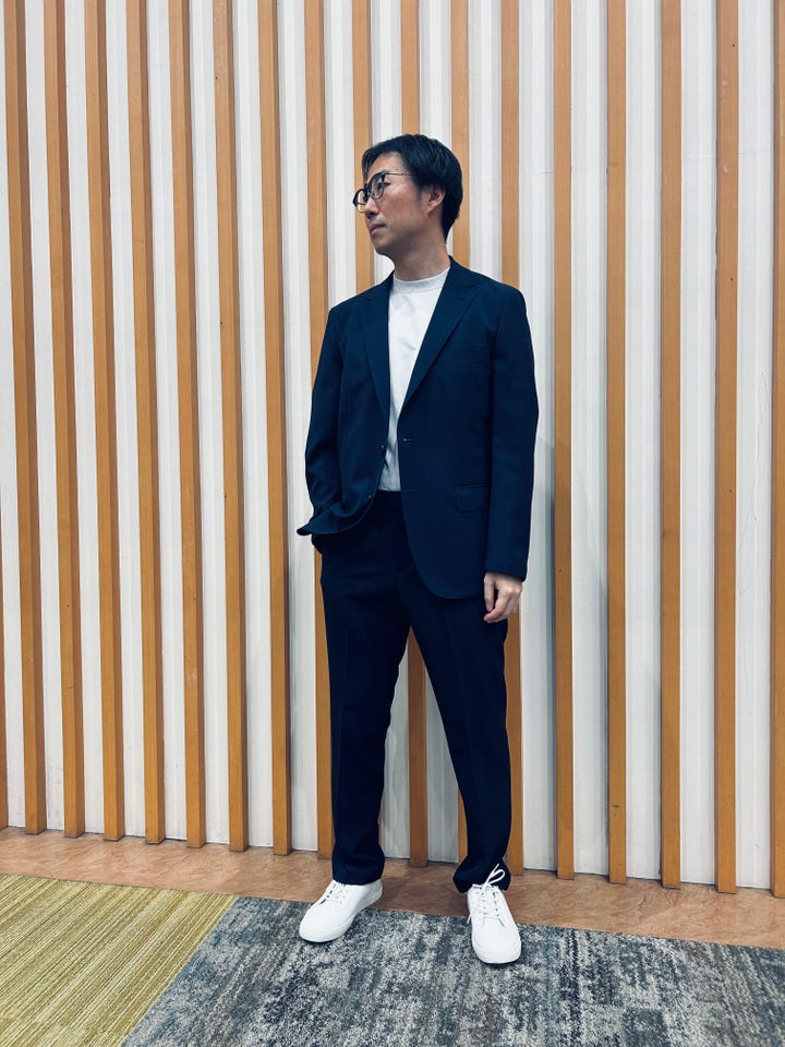 リネン調 スリムフィット ノータックパンツ 紺(セットアップ可能)(S 75