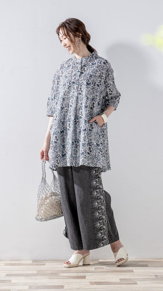花415mujiyaチュニック（WH)/417(L.BL)/375(KH) myM インド綿混小花柄チュニック マイエム（myM） - QVC.jp
