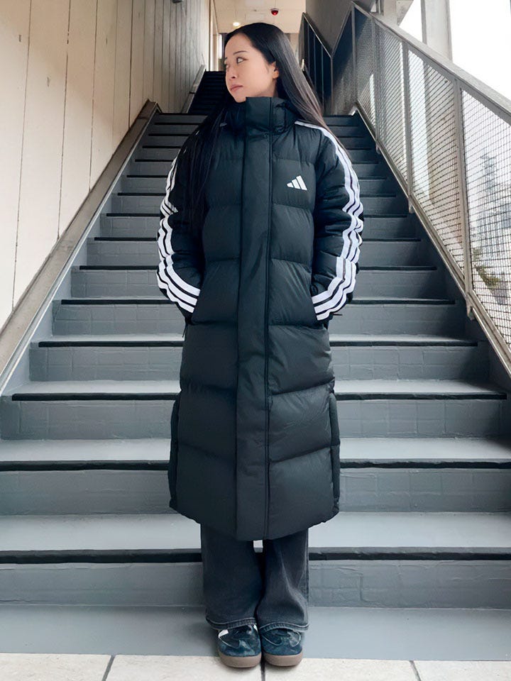 スリーストライプ ロングダウンコート／サッカーショップKAMO